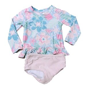 $38 RuffleButts Swimsuit Set Pink Blue Floral Seersucker Rash Guard Girls 2T